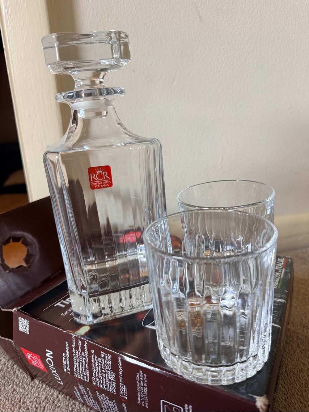 Crystal Clear Glass Decanter and 2 Matching Tumblers - Clear